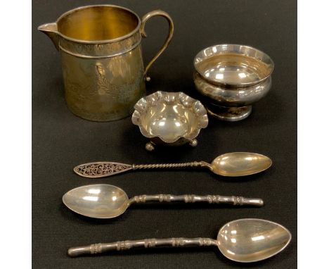 Silver - George V silver cream jug, London, 1877, pair of Edward VII bamboo effect tea spoons, Sheffield, 1859, silver salts,