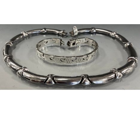 An Italian 925 silver fancy link necklace, 43cm long, 93g;  a textured link white metal bracelet, stamped 925, 19cm long, 47g