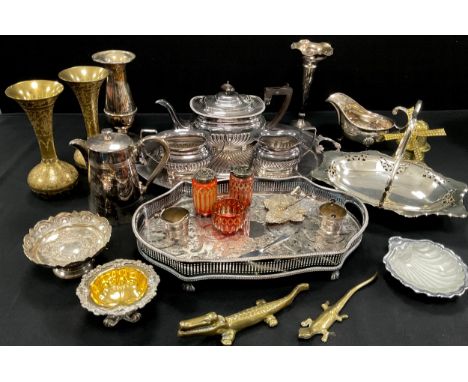 Plated ware and Brass, including; a three piece tea service on tray, gravy boat, cranberry cut glass cruet set, sweet meat di