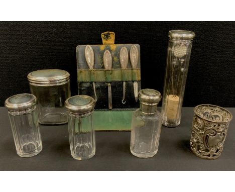 Silver - silver topped dressing table jars and button hooks, decorated with swags and bows, Birmingham, 1919.