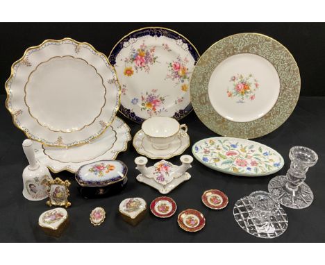 Royal Crown Derby Lombardy plates, tea cup and saucer, Derby posie twin branch candlestick, other; Minton Brocade plate; Limo