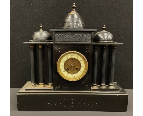 A 19th century French Belge Noir mantel clock, three domed temple, 42cm x 43cm
