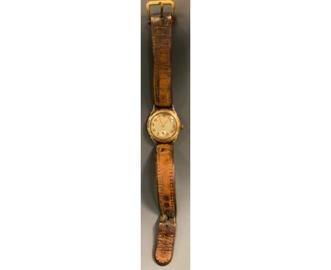 A 1940s 9ct gold cased wristwatch, two ton silver dial, raised Arabic numerals, subsidiary seconds, 15 jewel manual stem wind