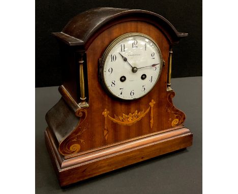 A Edwardian mantel clock, mahogany case with inlaid decoration, brass columns, eight day movement, E. C. Kemp &amp; Co., 27cm