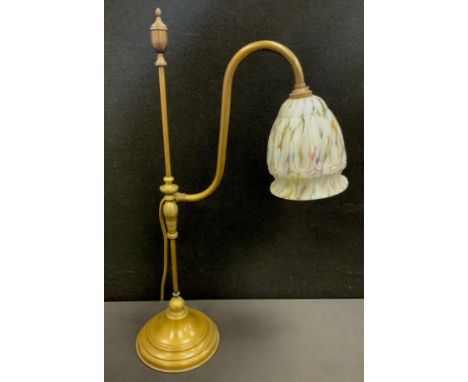 A 19th century Quinquet / Watchmakers brass table lamp, formerly a gas light, marbleized glass shade, 54.5cm high.