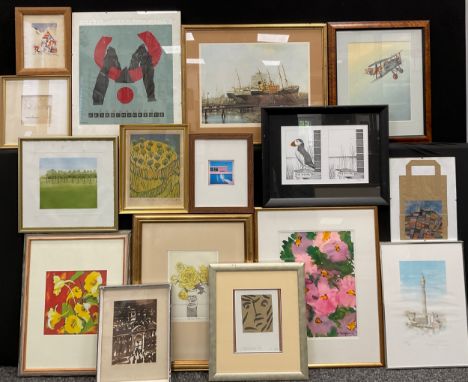 A group of watercolours, sketches, and original signed prints - Harry Bush, Gorlestone, 1914, pencil sketch, studio label ver