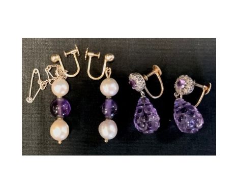 A pair of 9ct gold mounted diamond and amethyst drop earrings;  another pair amethyst and cultured pearl drop earrings, both 