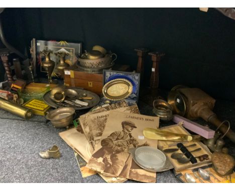Boxes and objects - late 19th century brass bound writing slope, carved treen candlestick, carridge lantern, brass ware, plat