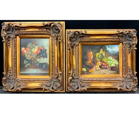R. Heindel, Grapes and Vine Leaves, a study with landscape beyond, signed, oil on canvas, 20.5cm x 25.5cm;  another, similar,