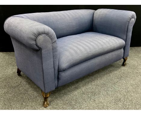 A Victorian style Chesterfield or knowle drop-arm sofa, re-upholstered in herringbone chevron fabric, in blue, 72cm high (45c