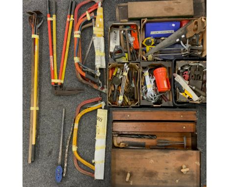 Tools - Woodworking and Garden - Bow Saws, Edging Shears, early 20th century carpenters tool chest, spanners, etc, qty.