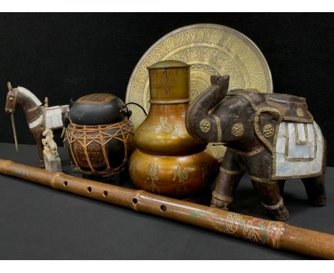 Oriental bamboo flute with carved dragon, signed, a Chinese jade seal stamp featuring a horse, 19th century Chinese metal tea
