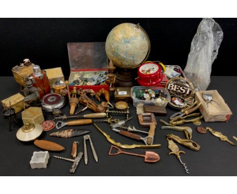Boxes and objects - mid century globe, Bakelite base, 30cm high, hedgerow cork screws, onyx lighter, oyster shell box, soapst