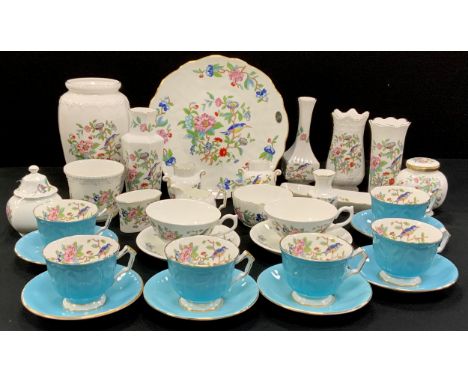 Aynsley Pembroke pattern ware including; plate, vases, trinket tray, six blue tea cups and saucers; etc
