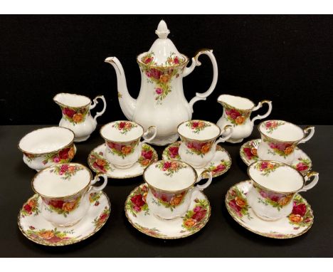 A Royal Albert Old County Rose pattern tea set for six including tea pot, six small cups and saucers, milk jug, sugar bowl, e