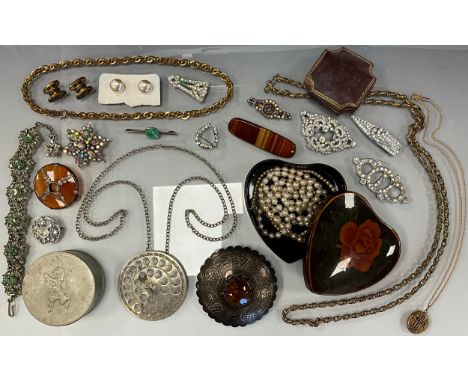 A silver mounted agate shield brooch, quartered mount, another oval; rolled gold locket on chain, John Rimer Danish handcraft