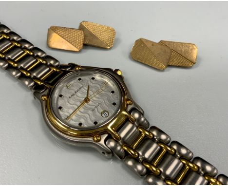 Jewellery &amp; Watches - a pair of 9ct gold engine turned cufflinks,, stamped 9ct, 6.2g; Krug Baumen Marquis two tone gold a