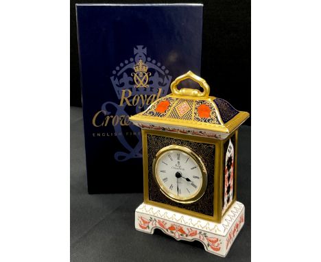 A Royal Crown Derby, 1128 pattern, ‘Old Imari’ carriage clock, 18.5cm high, first quality, boxed