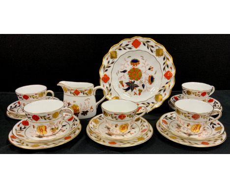 Royal Crown Derby 8687 pattern tea ware including; five tea cups and saucers, side plates, milk jug, wavy trim plate, second 