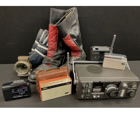 A Trio R-1000 Communications Receiver, Hitachi WH-822 radio,  pair of leather Biker boots, size 9, etc