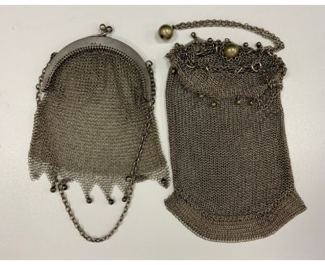 A silver chain mesh evening bag, C &amp; C , London 1929; anither unmarked white metal, 182g gross (2)