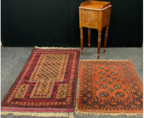 A hand-knotted Tribal Afghani style prayer rug / mat, 145cn x 82cm;  another small rug;  and a mahogany bedside pot cupboard,