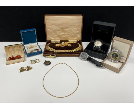 Watches &amp; Jewellery - a 9ct gold necklace, 3.8g;  gold plated necklace and brooch set,  cufflinks, Sekonda 21 jewel manua