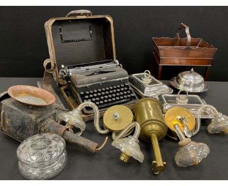 Boxes and objects - cartridge lamp, a pair of glass wall sconces, silver plated, brass clockwork meat jack, Royal typewriter;