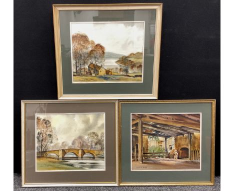 Edward S. Billin, a pair, ‘Over-looking Dam Flask’, and ‘Bridge at Haddon Hall’, each signed, watercolours, 36cm x 43cm;  ano
