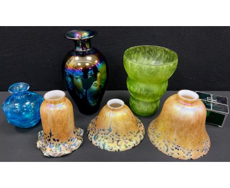 Heron Studio Art glass - two HSB 34 bell shape lamp shades, 14.5cm and 10cm high, both approx 18cm diameter; another wavy rim