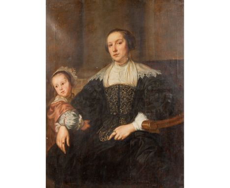   PORTRÄTMALER DES 19. JAHRHUNDERTS "Bildnis einer Mutter mit Kind"  Öl auf Leinwand, HxB: ca. 122/92 cm. Rahmen, besch., kra