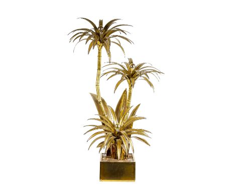   STEHLEUCHTE  Wohl Maison Jansen, 70er Jahre, Messing, Lampe in Form einer Palme mit drei Lichtern auf quadratischem Sockel,