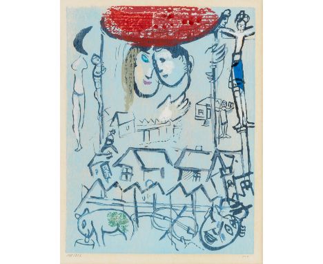   CHAGALL, MARC (1887-1985), 1 Farbholzschnitt aus der Suite "Poèmes", 1968,  Paar über belebtem Dorf schwebend, vor hellblau