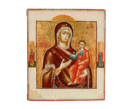   IKONE Gottesmutter "Hodigitria von Smolensk", Russland 2. Hälfte 18. Jh.,  mit Randheiligen und Bezeichnung in Kirchenkyril