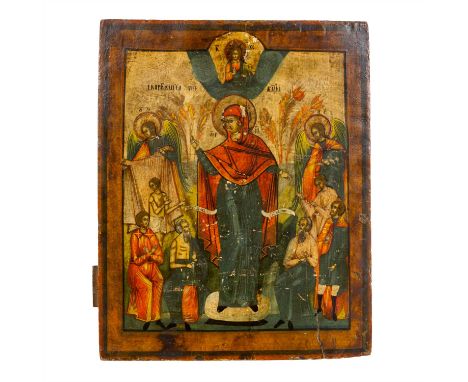   IKONE "Gottesmutter Freude aller Leidenden", Russland 18./19. Jh.,  mit Bezeichnung in Kirchenkyrillisch, Tempera über Krei
