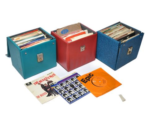 A group of vintage 7" Records, 45 rpm Capitol, His Masters Voice, Parlophone and others as shown. Abba, Beatles, Jazz, Orches