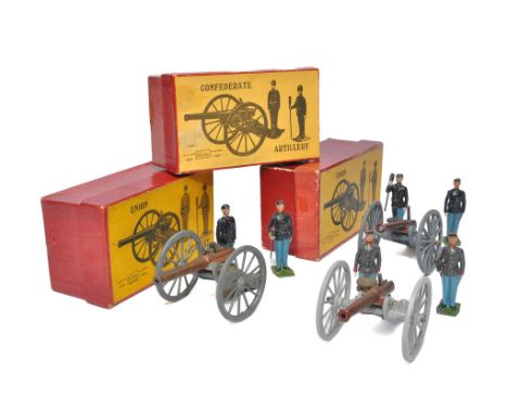 Toy Soldiers / Metal Figures comprising Britains trio of American Civil War Union / Confederate Artillery guns, with figures 