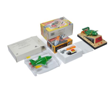 Thunderbirds (Gerry Anderson) comprising trio of vehicles including Bandai, Matchbox plus Wesco alarm clock. With boxes / pac