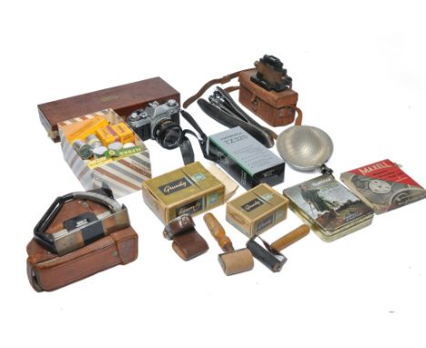 A collection of assorted photography equipment including Canon AT-1 (untested) plus misc other items to include WW2 Vickers C