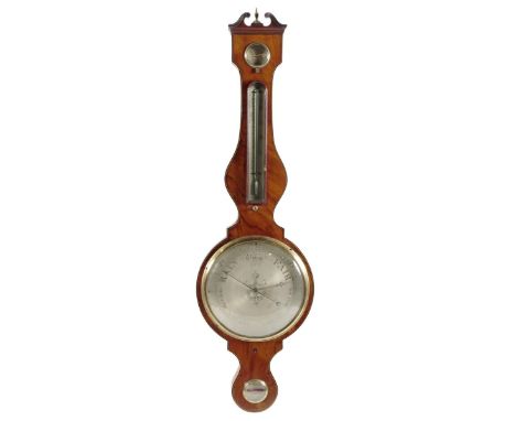 A mahogany wheel barometer, 10 inch silvered dial with engraved urn, signed on the level J. Corti, 27 Leather Lane, Holborn, 