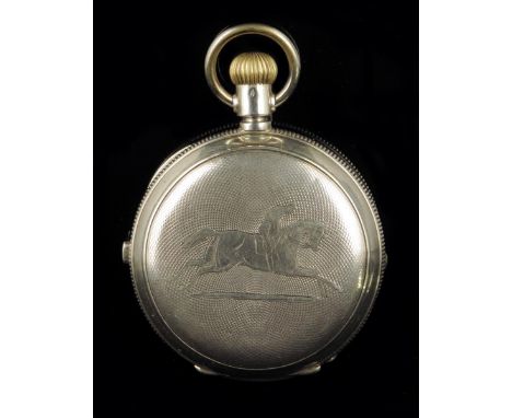 A Swiss silver hunting cased centre seconds chronograph, keyless lever movement with white enamel dial, in a guilloche case, 