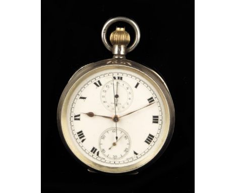Omega. A silver centre seconds chronograph, white enamel dial signed Omega with subsidiaries for running seconds and 15 minut