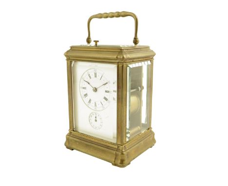 Soldano. A Gorge cased striking carriage clock, white enamel dial with recessed chapter ring and subsidiary alarum dial, repe