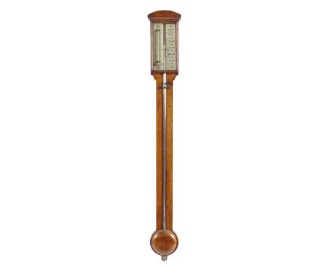 An oak stick barometer, the bone register plates signed Millard, Optician, 334 Oxford St., London, thermometer and vernier, i