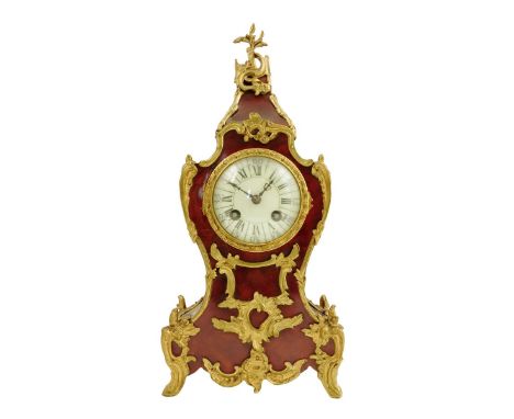 A French simulated tortoiseshell mantel clock, striking drum movement by S. Marti & Cie, cream enamel dial, in a waisted case