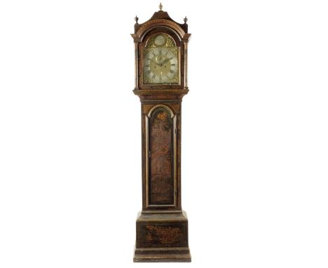 An eight day black Japanned longcase clock, the 12 inch brass dial signed Thos Burges, Gosport on a silvered boss in the arch