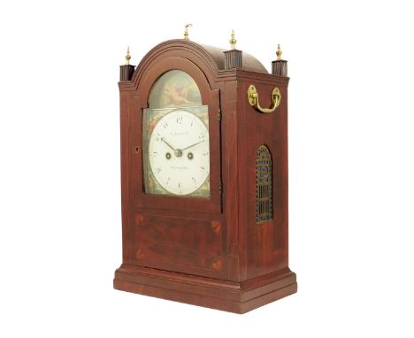 A mahogany striking bracket clock, the 7 inch painted dial signed G. Ainsworth, Warrington, the arch painted with a reclining