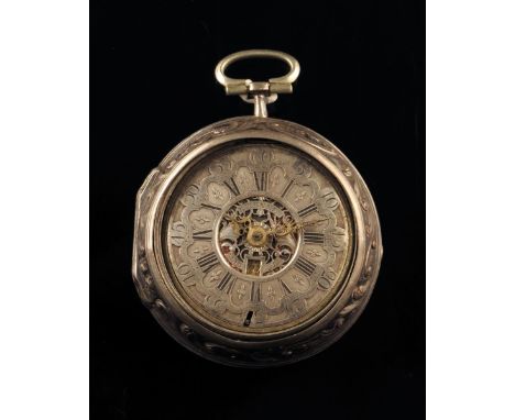 A silver repousse pair cased verge watch signed Etienne Masse, bridge cock, fancy pierced pillars, silver champleve dial with