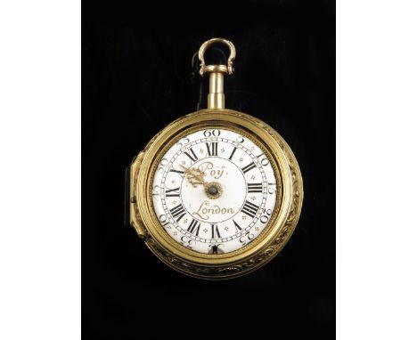 A gold repousse cased quarter repeating verge watch, white enamel dial with Roman hours and outer Arabic minute ring, signed 