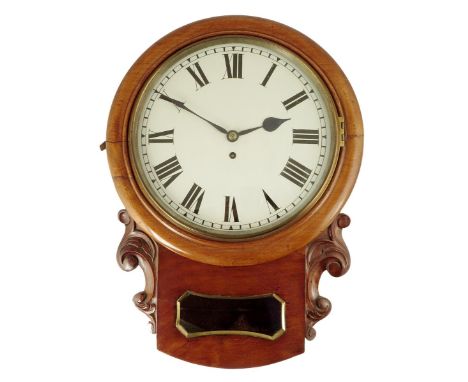 A mahogany drop dial, 12 inch white painted dial, single-train fusee movement in shaped plates, in a case with glazed trunk a
